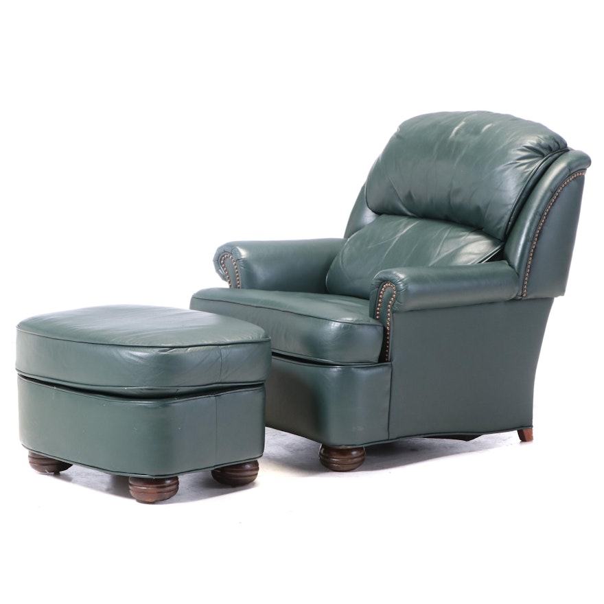 The Barcalounger Company Green Leather Reclining Armchair and Ottoman