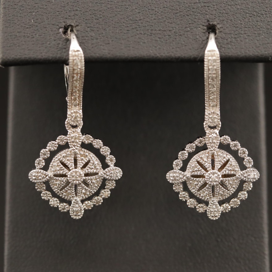 Sterling Silver, Diamond, Medallion Pattern Drop earrings