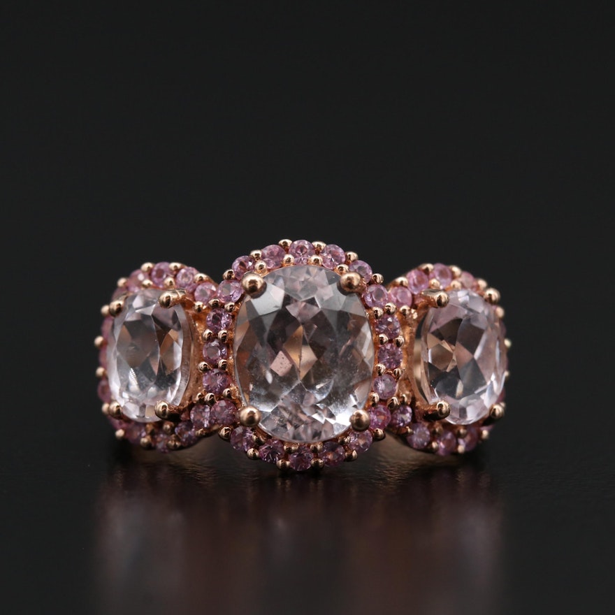 10K Rose Gold Aquamarine and Pink Sapphire Ring with Triple Halo