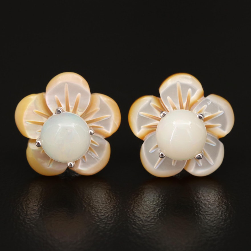 Sterling Silver Opal and Mother of Pearl Flower Stud Earrings