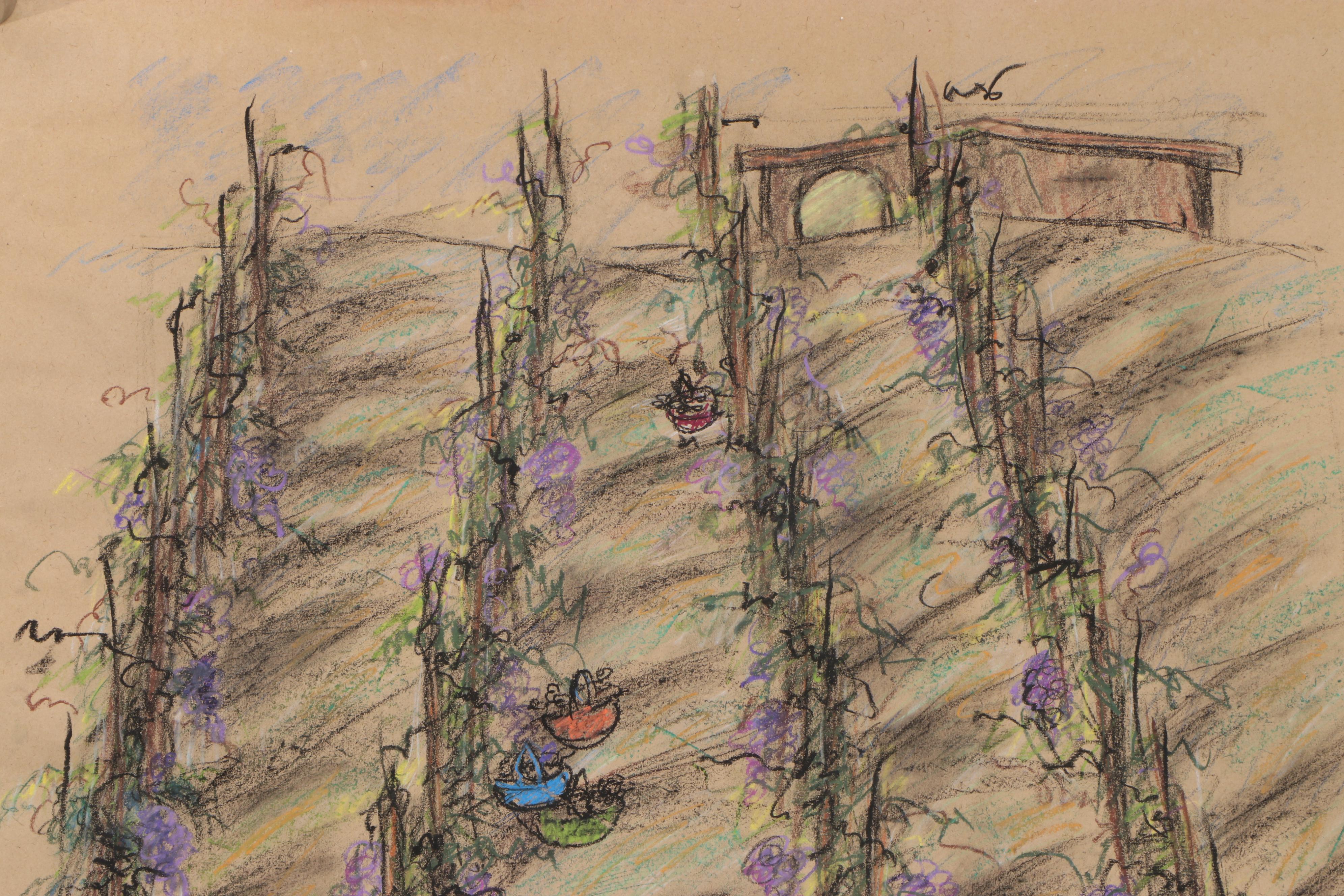 Esther Liu Charcoal and Pastel Drawing "Memory of Picking Grapes", 1979