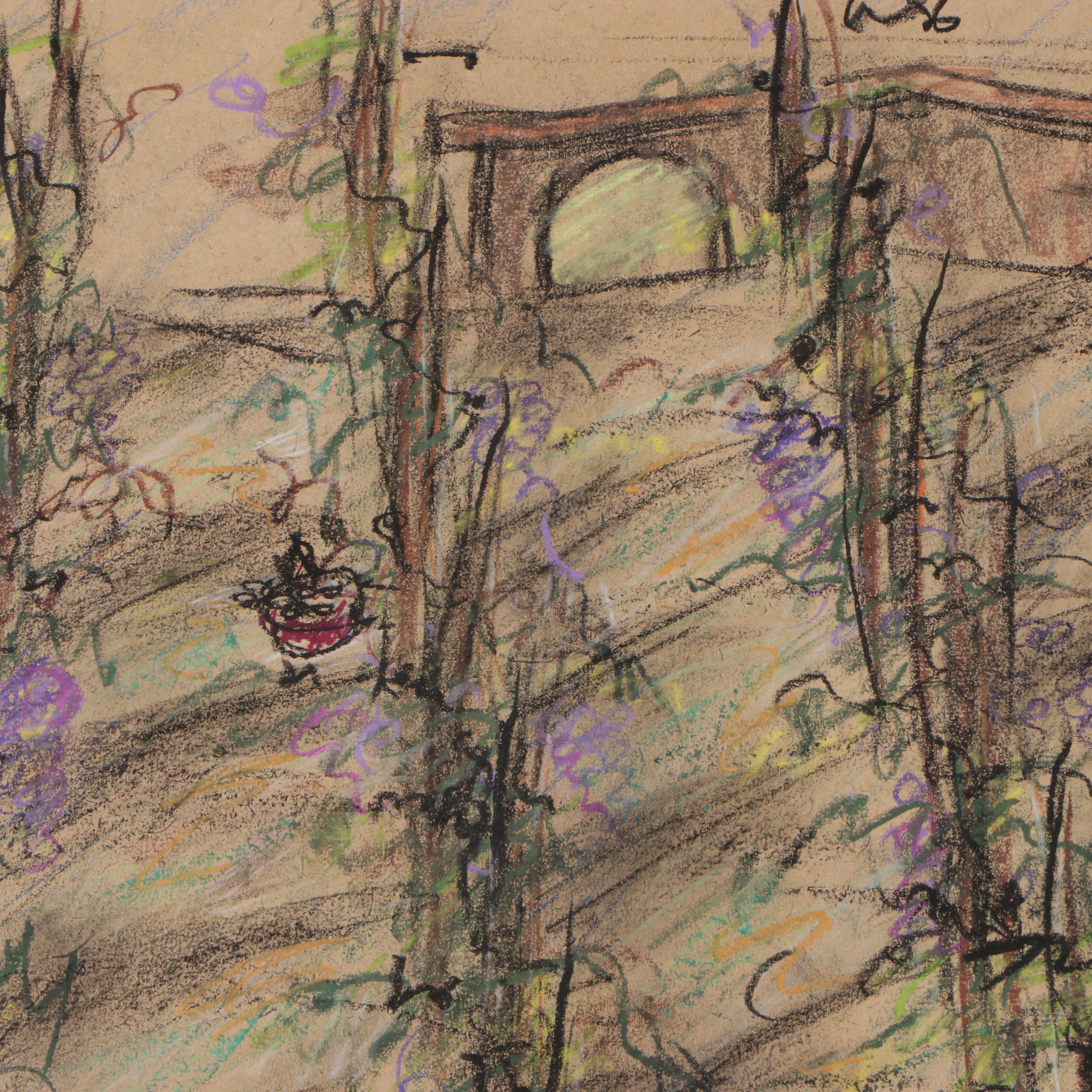 Esther Liu Charcoal and Pastel Drawing "Memory of Picking Grapes", 1979