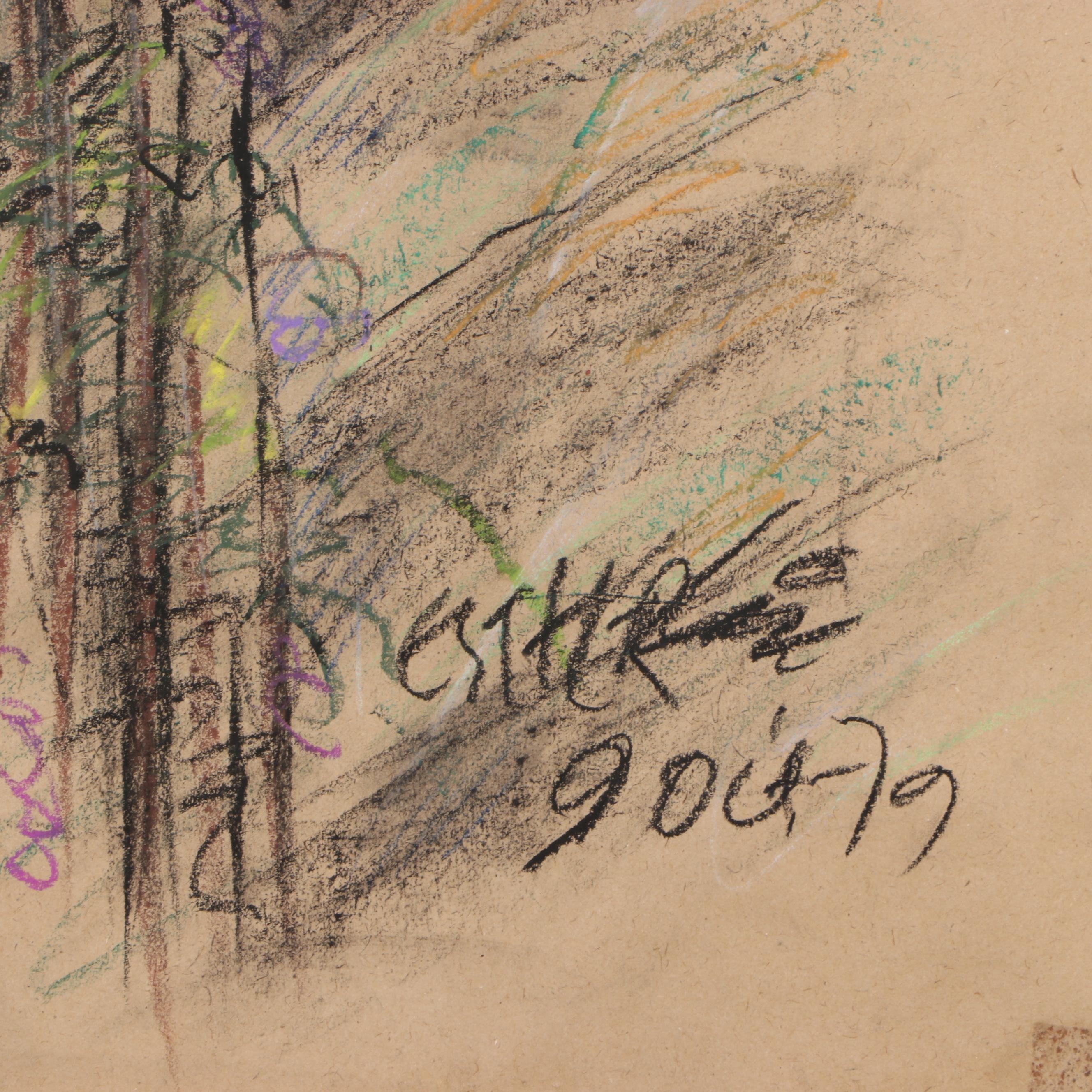 Esther Liu Charcoal and Pastel Drawing "Memory of Picking Grapes", 1979