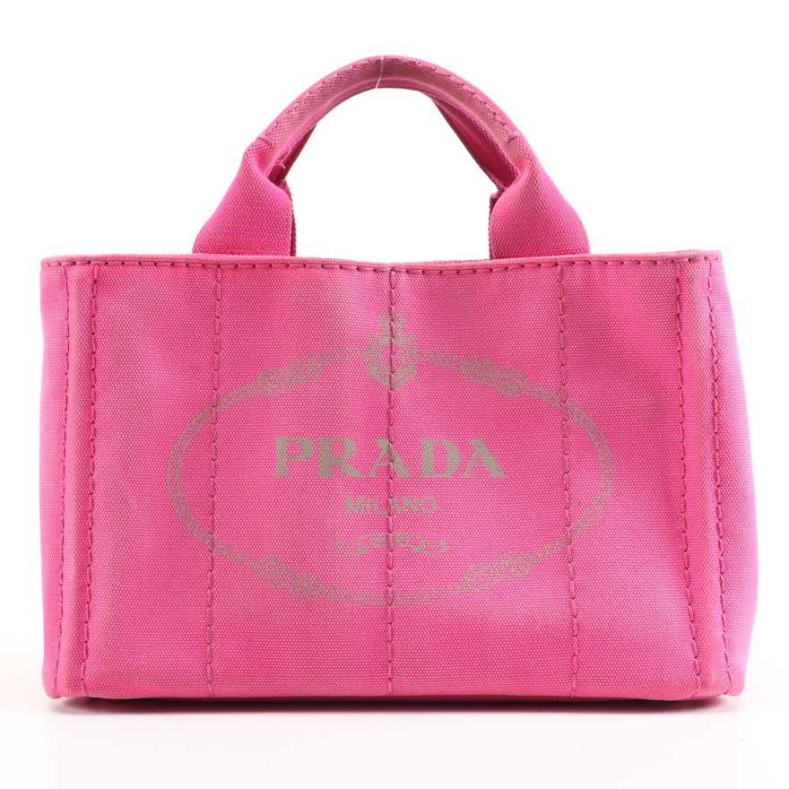 Prada Canapa Pink Canvas Large Logo Print Two-Way Tote