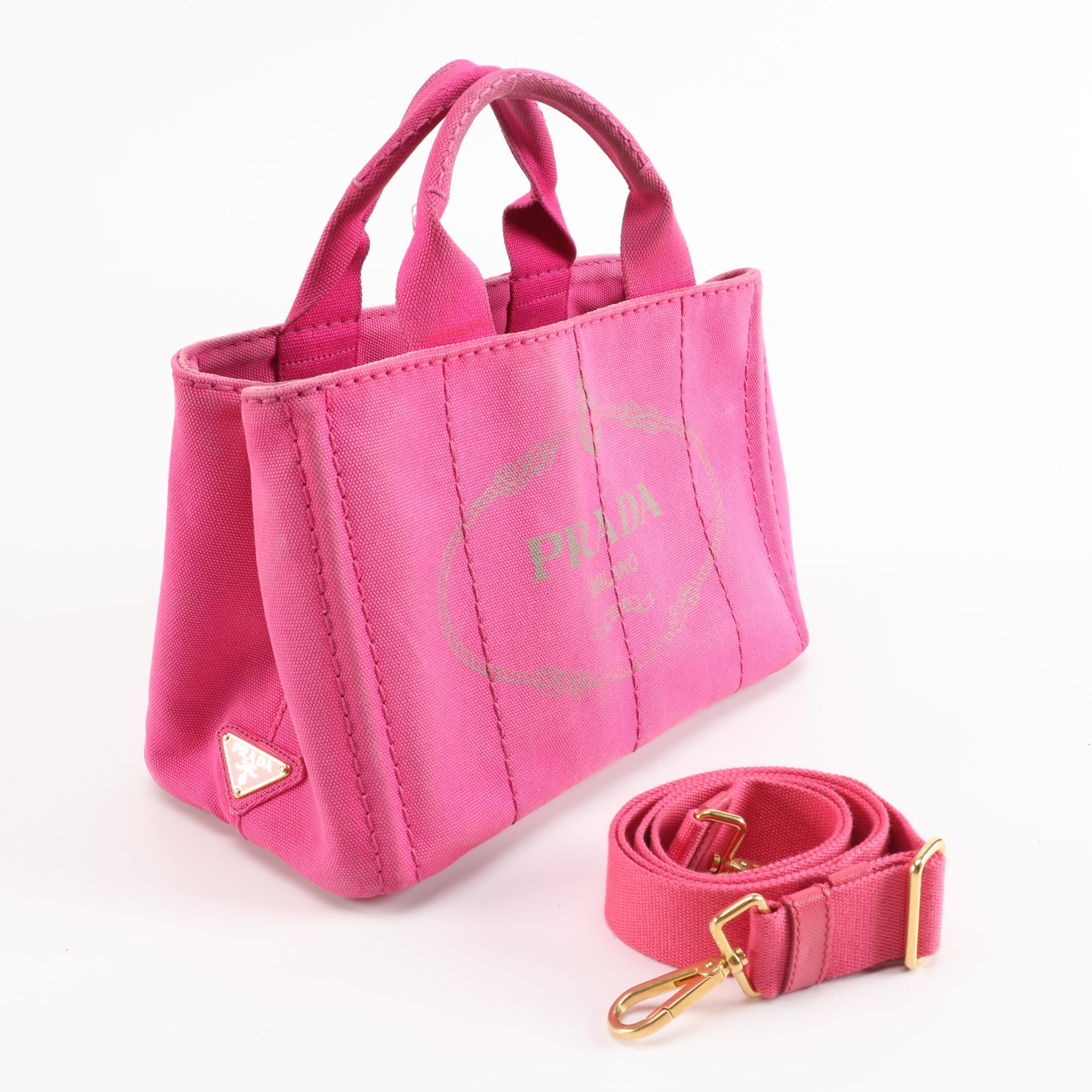 Prada Canapa Pink Canvas Large Logo Print Two-Way Tote