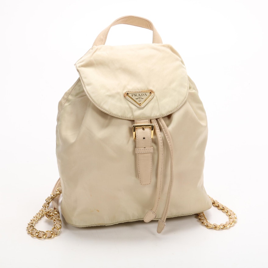 Prada Backpack Purse in Ivory Tessuto Nylon with Chain and Leather Straps