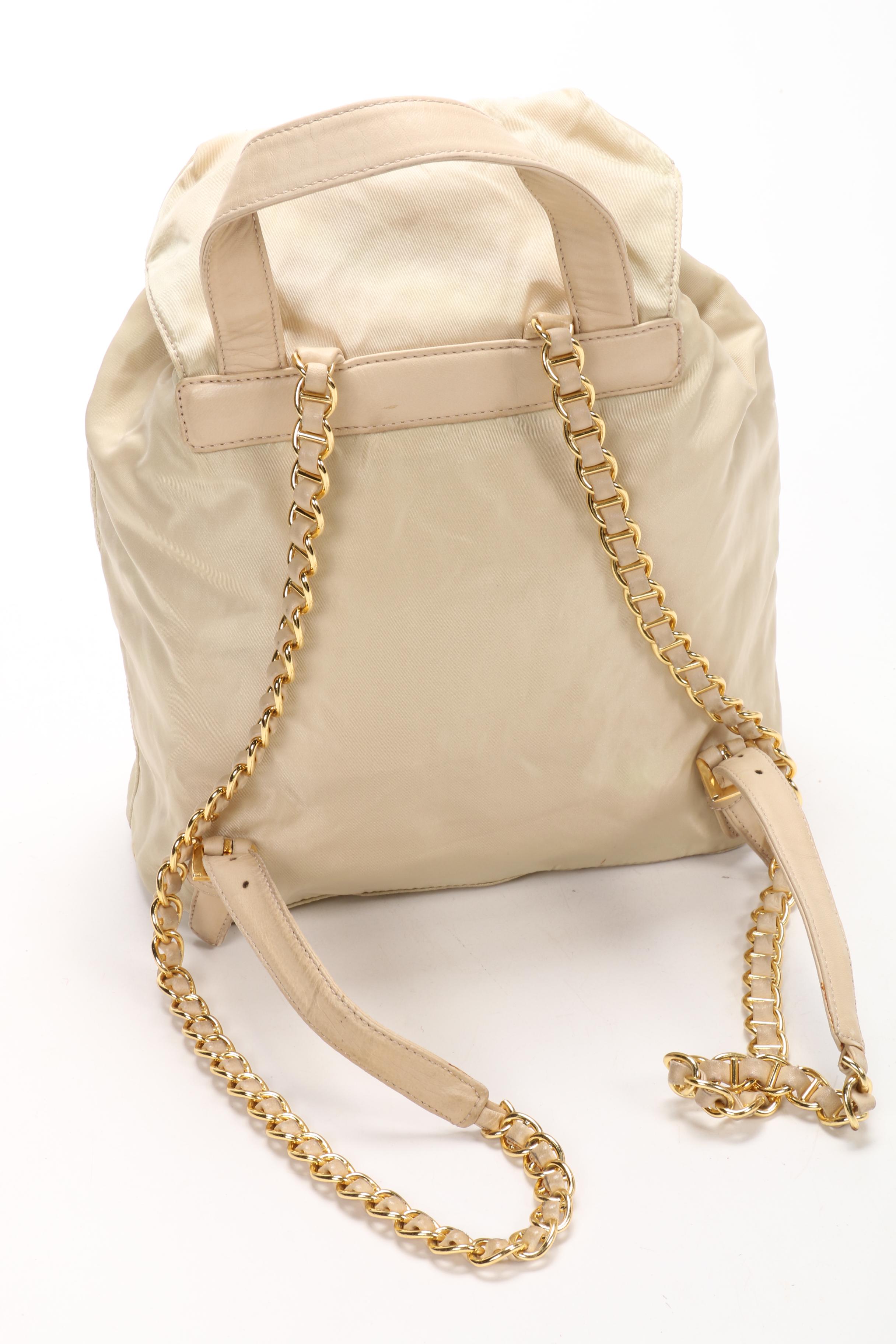 Prada Backpack Purse in Ivory Tessuto Nylon with Chain and Leather Straps