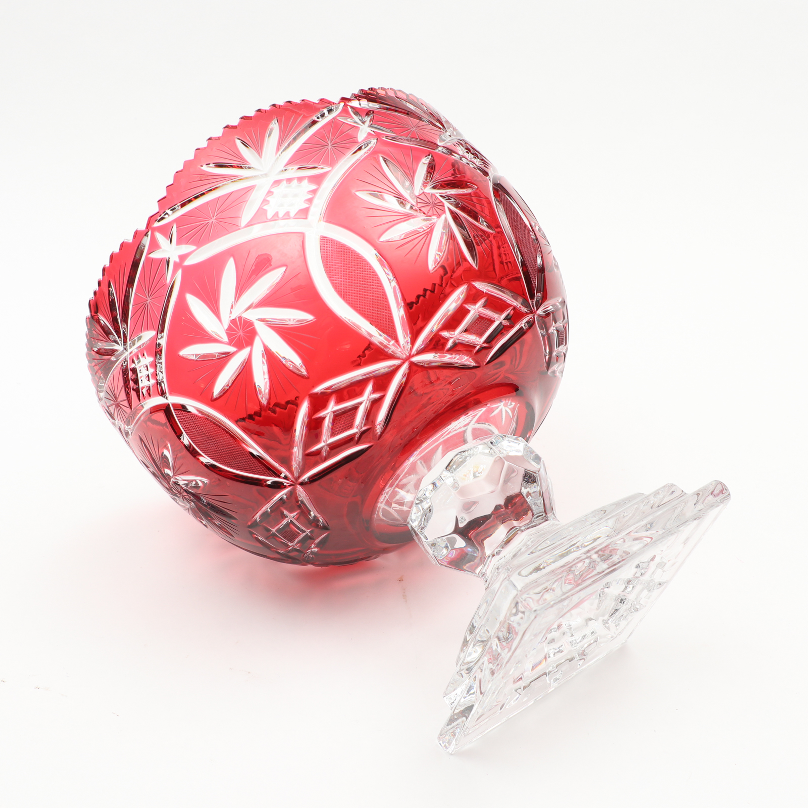 Bohemian Cranberry Cut to Clear Glass Pedestal Bowl