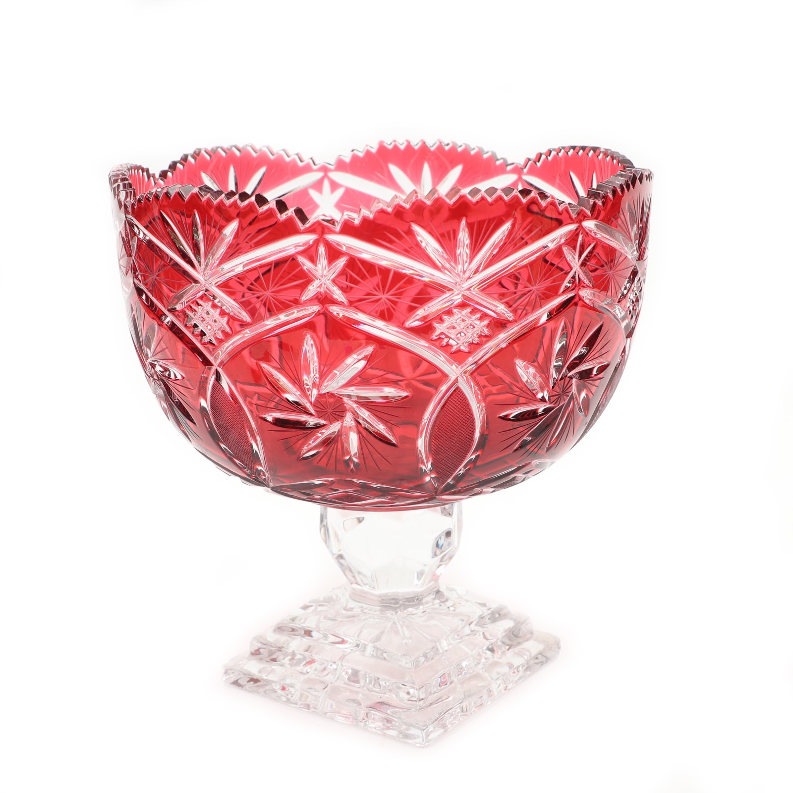 Bohemian Cranberry Cut to Clear Glass Pedestal Bowl