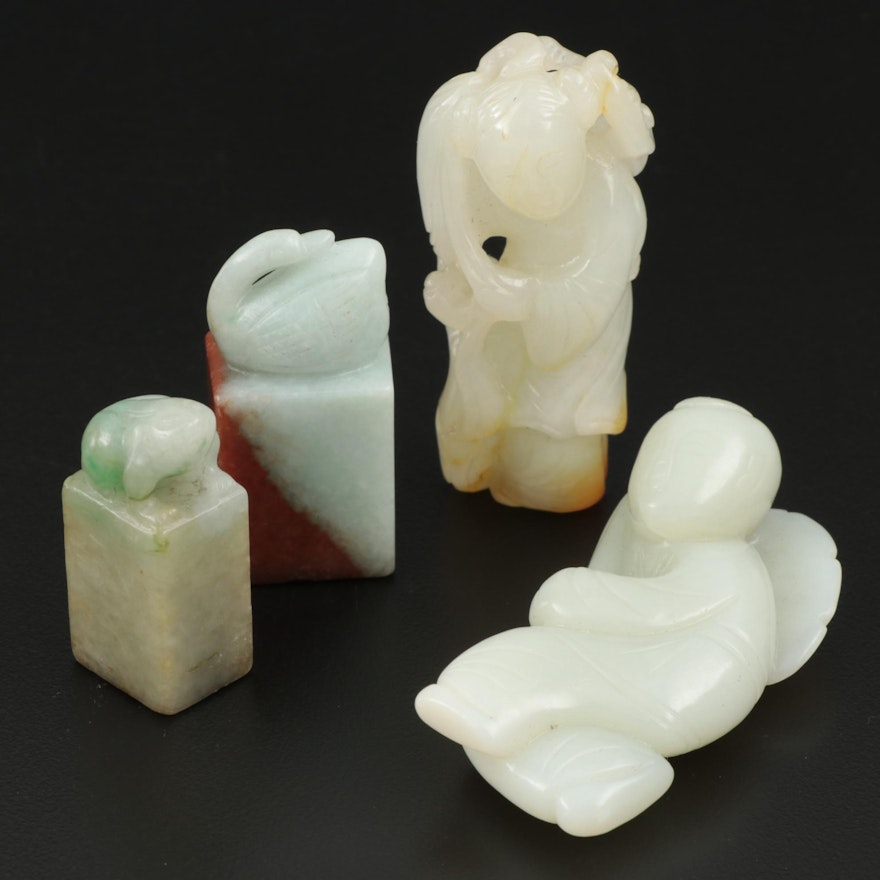 Chinese Carved Jadeite Seals and Figurines