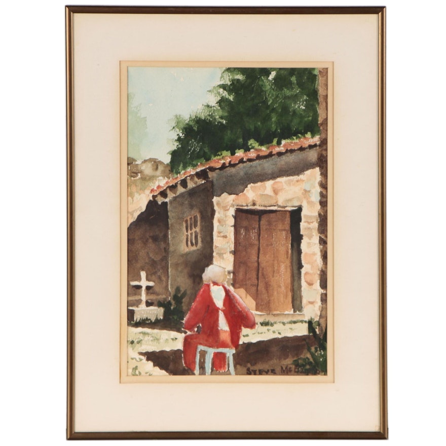 Steve McElroy Watercolor Painting of a Churchyard Scene, Late 20th Century