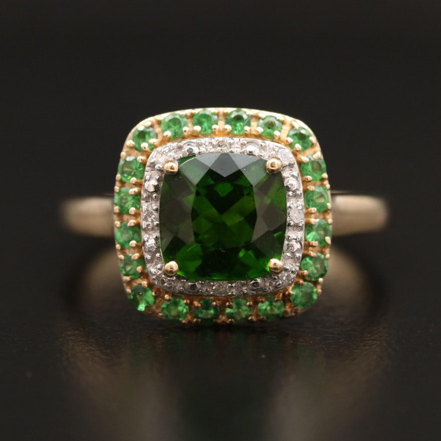 10K Green Tourmaline and Diamond Double Halo Ring
