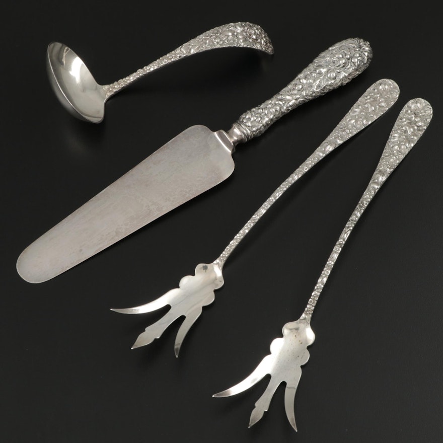 Kirk-Stieff "Repoussé" Sterling Silver Lettuce Forks, Cake Server and Ladle