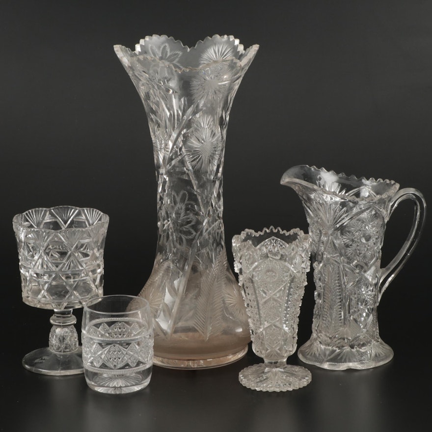 American Cut Glass Vases, Pitcher, Goblet, and Cup, Early to Mid 20th Century