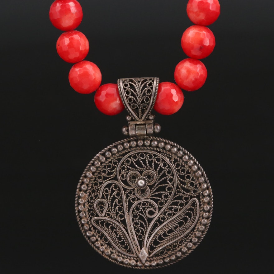 Sterling Silver Coral and Filigree Necklace