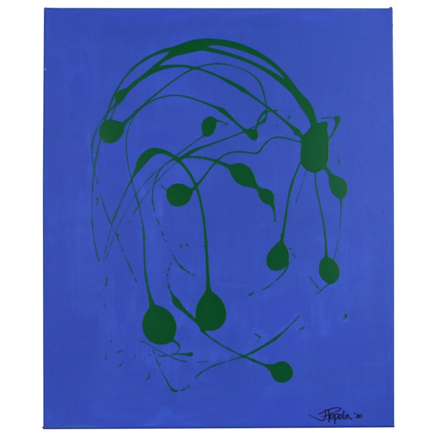 J. Popolin Abstract Acrylic Painting "Green Waterfall", 2020