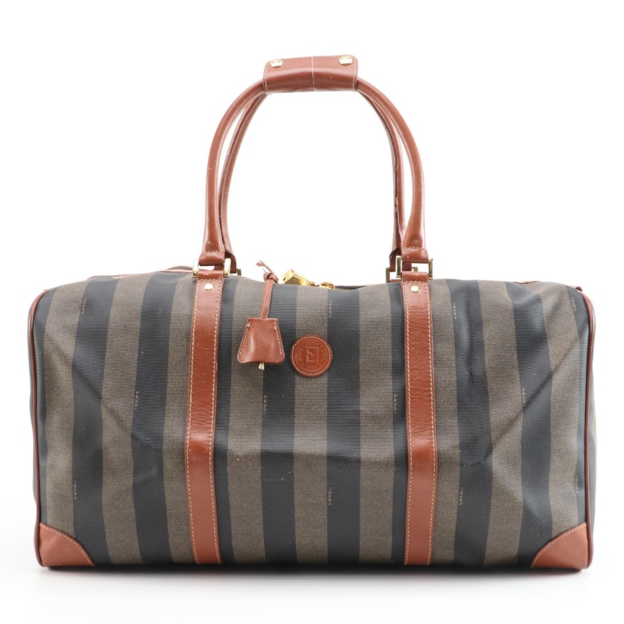 Fendi Pequin Striped Coated Canvas and Cognac Leather Duffel