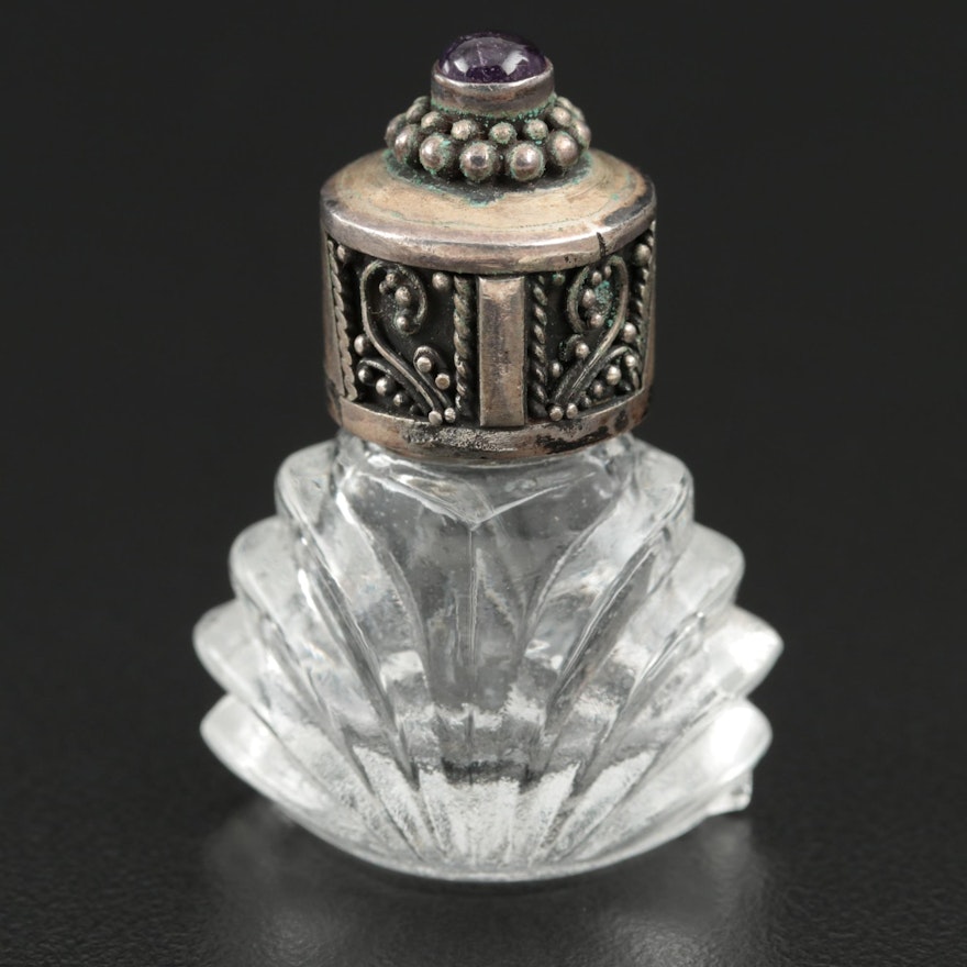 Cut Glass Snuff Bottle with 850 Silver and Amethyst Lid