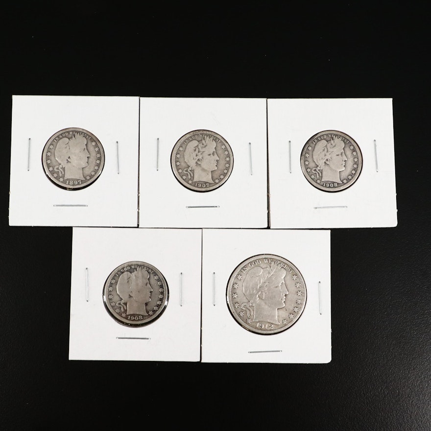 Four Barber Quarters and a Barber Half Dollar, All Silver