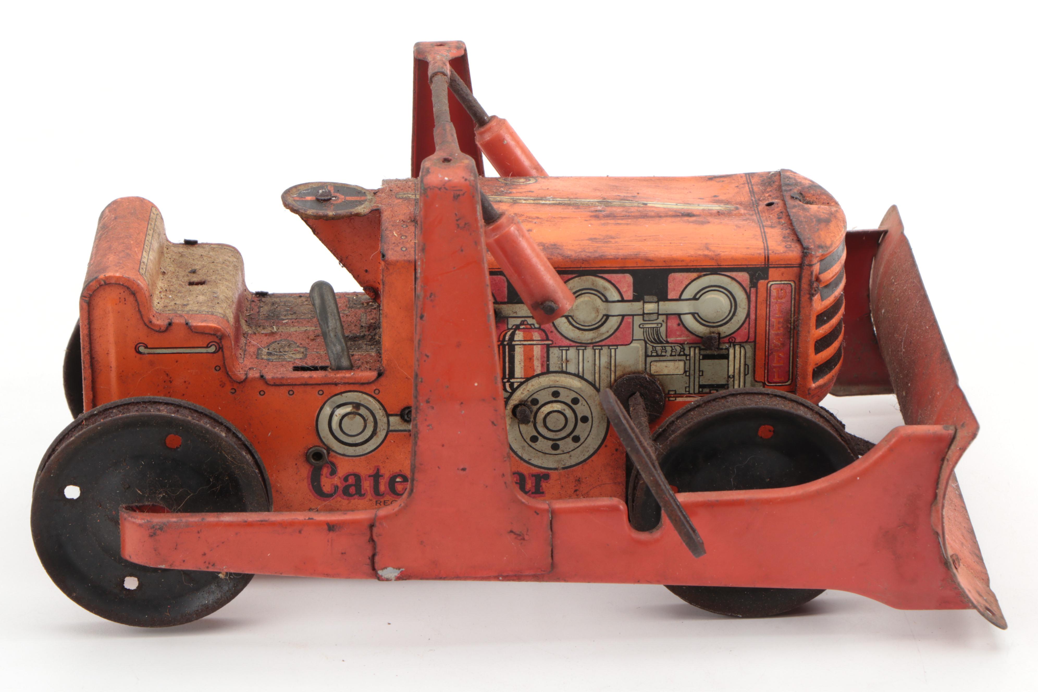 Marx Heavy Duty Caterpillar Bulldog Windup Tractor with Road Scraper, 1942