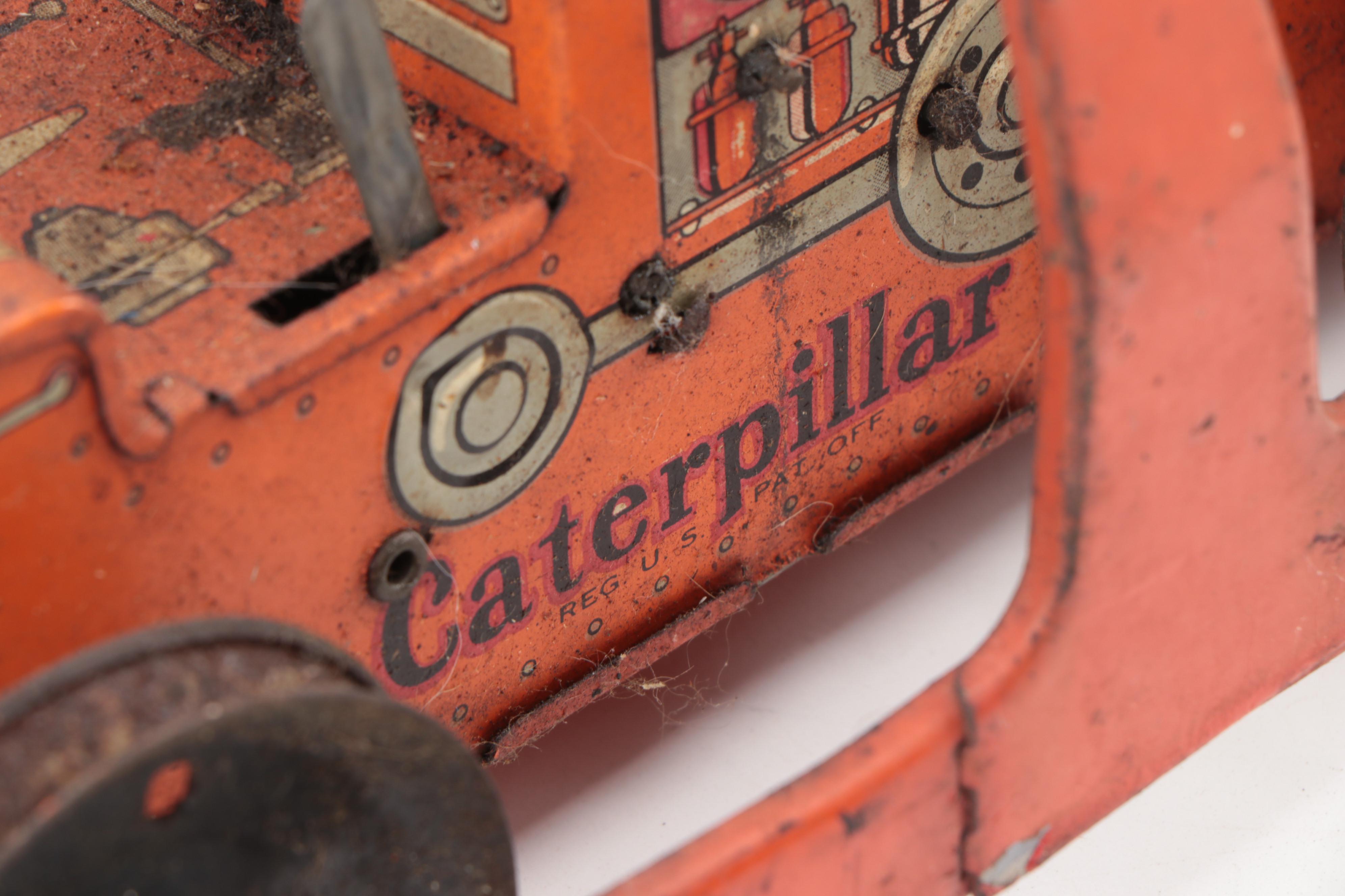 Marx Heavy Duty Caterpillar Bulldog Windup Tractor with Road Scraper, 1942