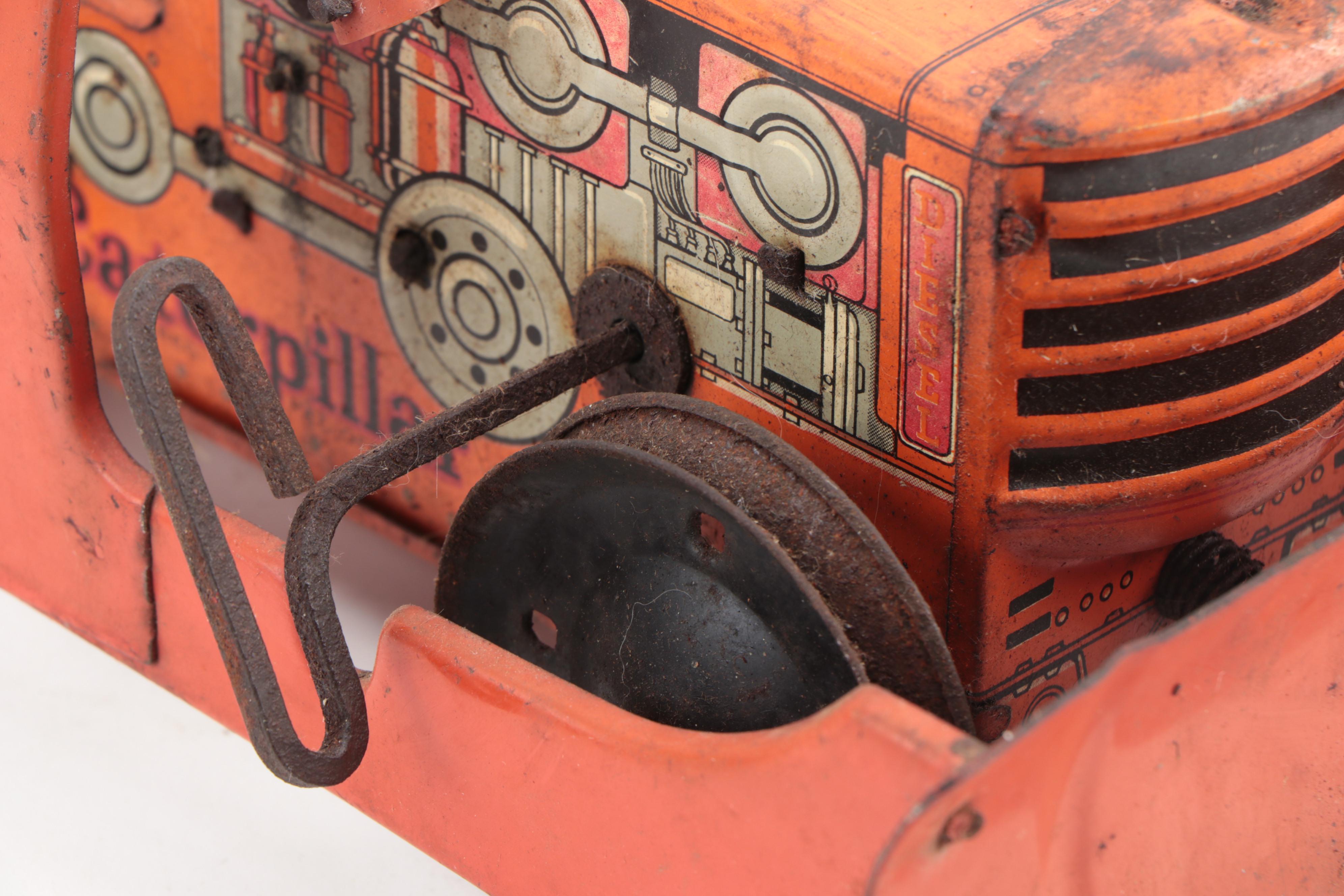 Marx Heavy Duty Caterpillar Bulldog Windup Tractor with Road Scraper, 1942