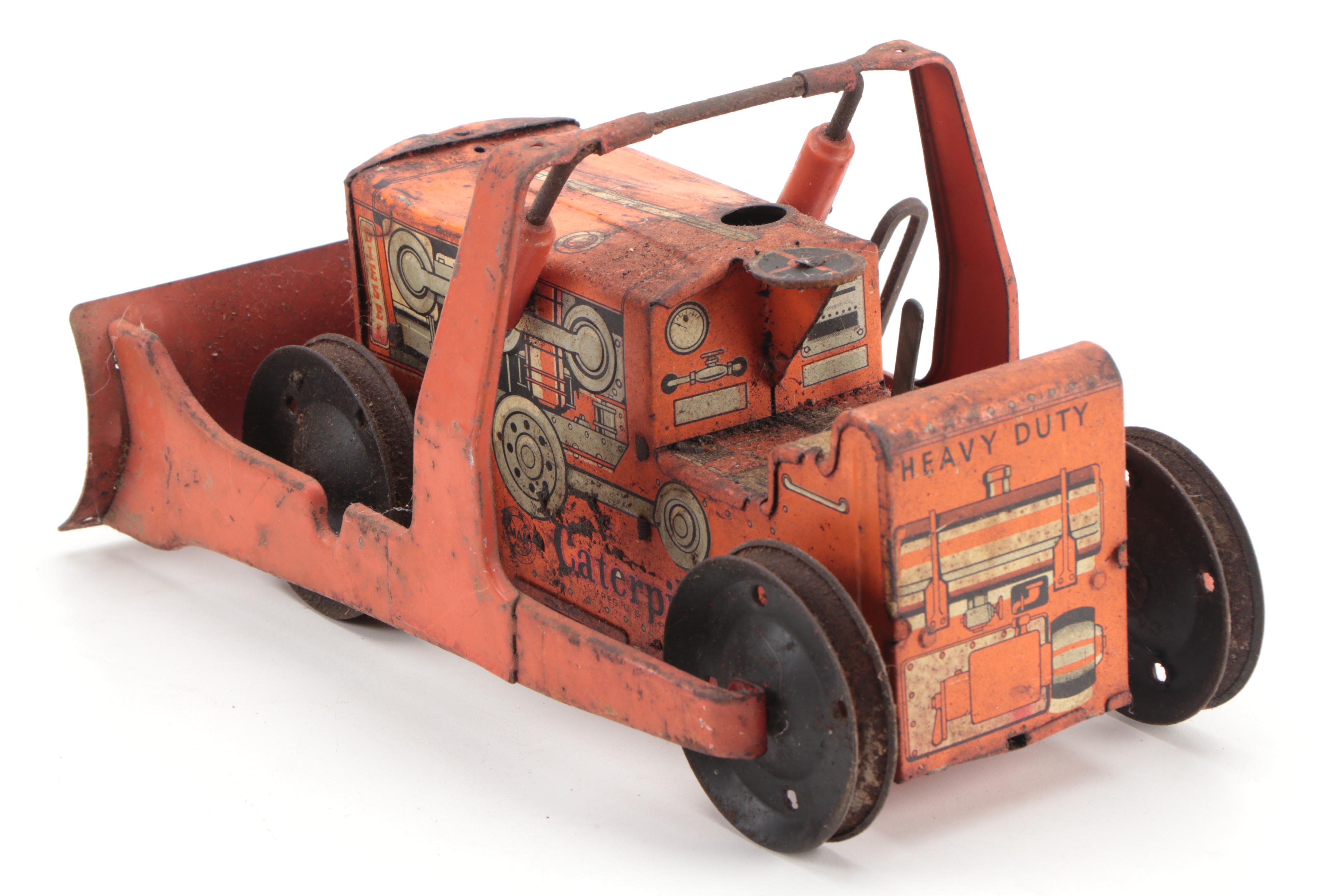 Marx Heavy Duty Caterpillar Bulldog Windup Tractor with Road Scraper, 1942