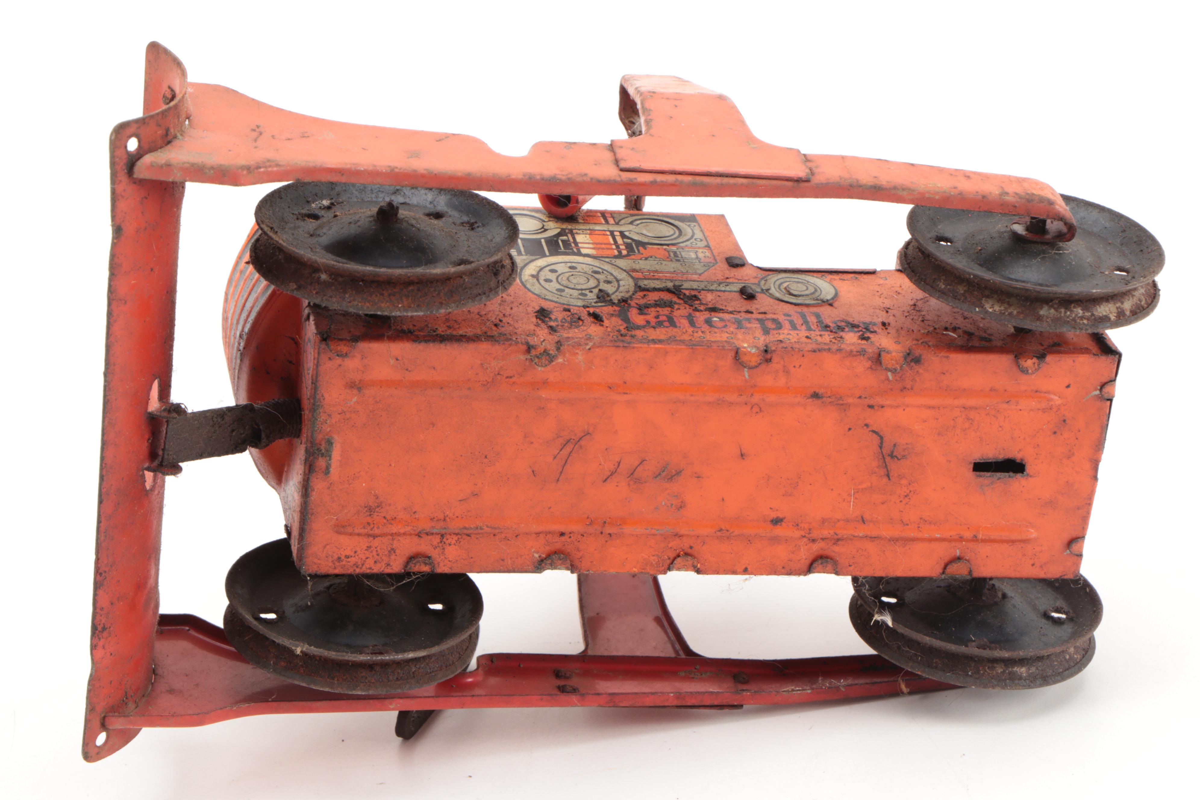 Marx Heavy Duty Caterpillar Bulldog Windup Tractor with Road Scraper, 1942