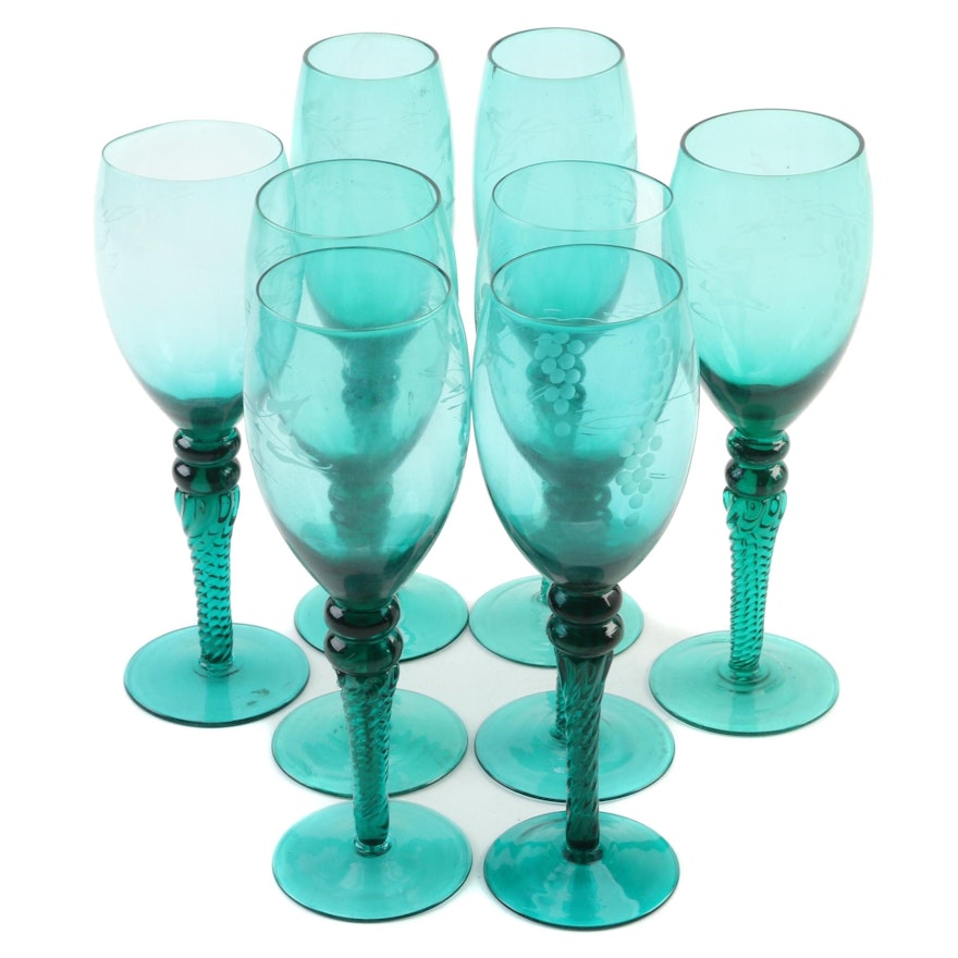 Teal Etched Grape Cluster Wine Glasses and Champagne Coupes with Swirl Stems