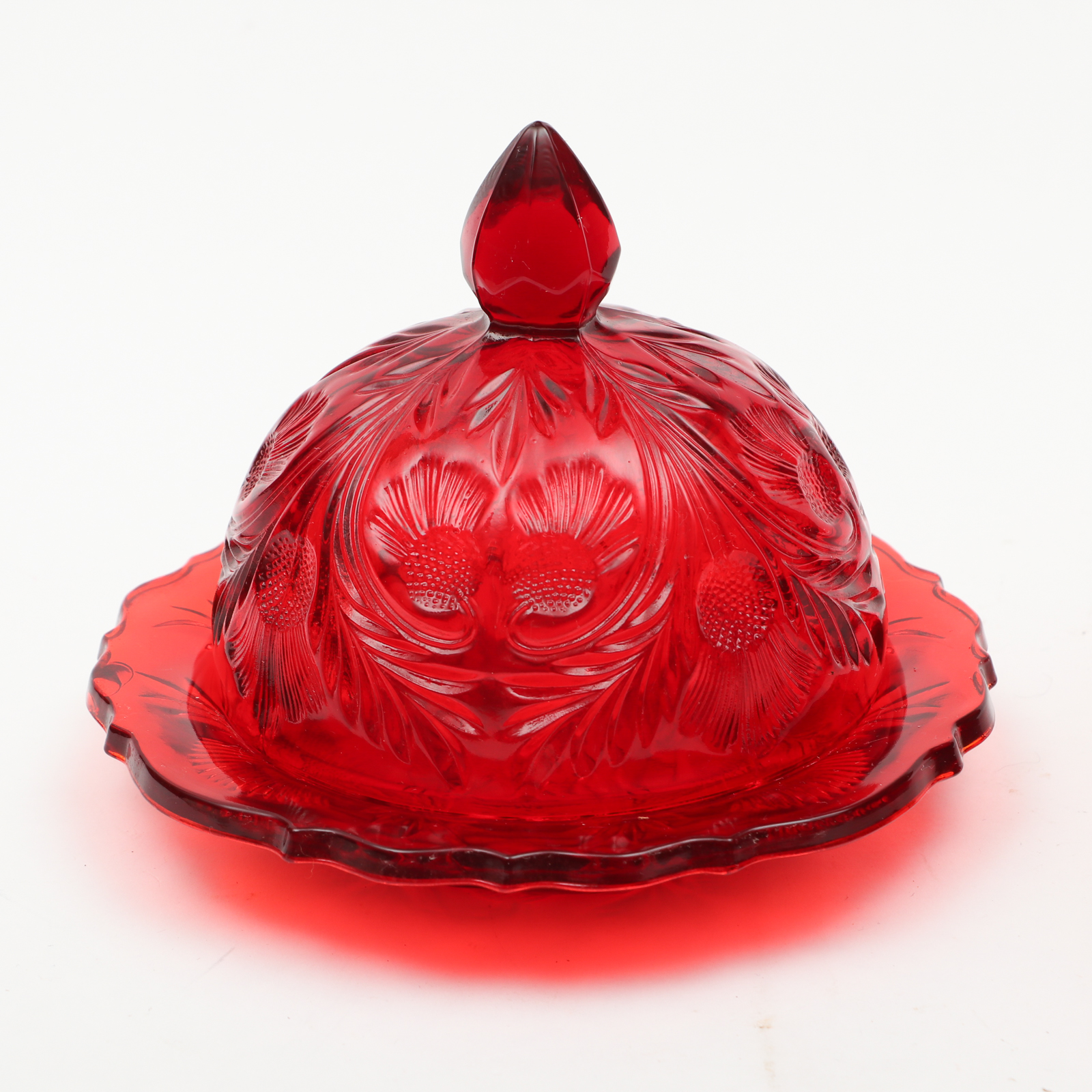 Cranberry Glass Pedestal Dishes and Covered Butter Dish