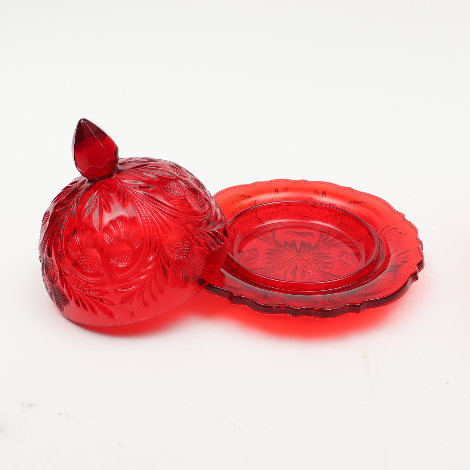 Cranberry Glass Pedestal Dishes and Covered Butter Dish
