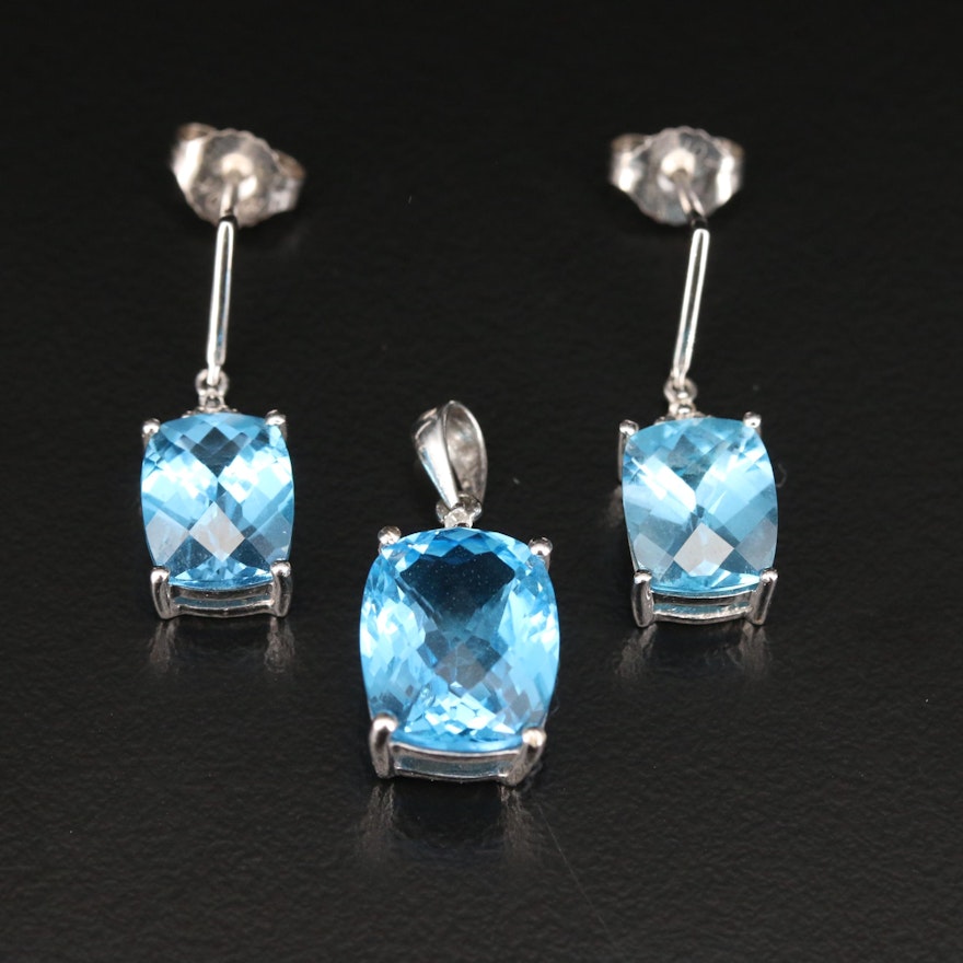 10K Blue Topaz and Diamond Pendant and Earrings