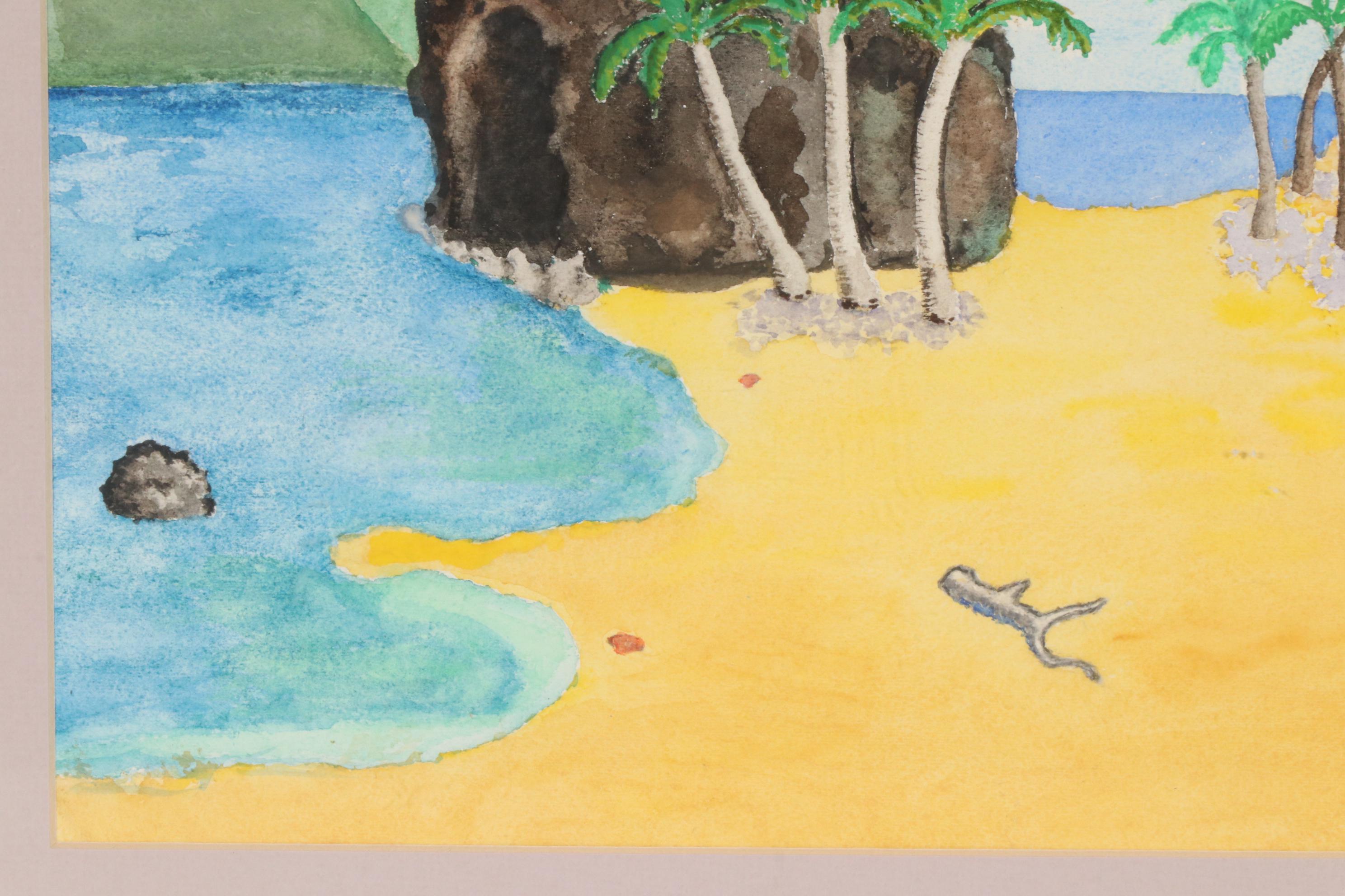 Folk Art Beach Scene Watercolor Painting, 1987