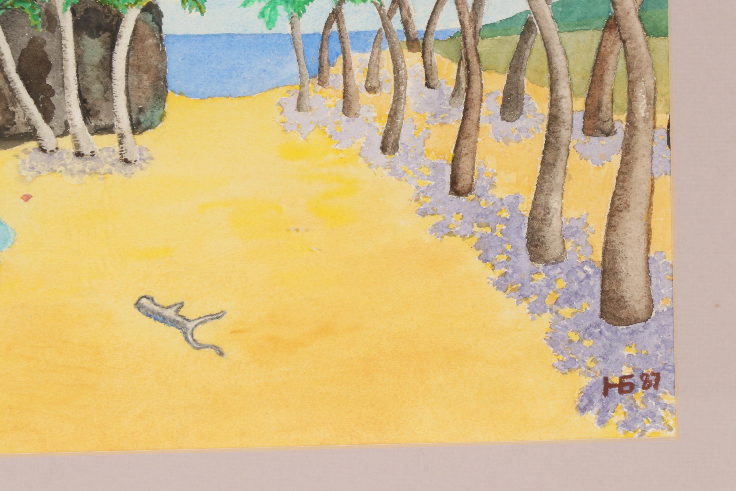 Folk Art Beach Scene Watercolor Painting, 1987