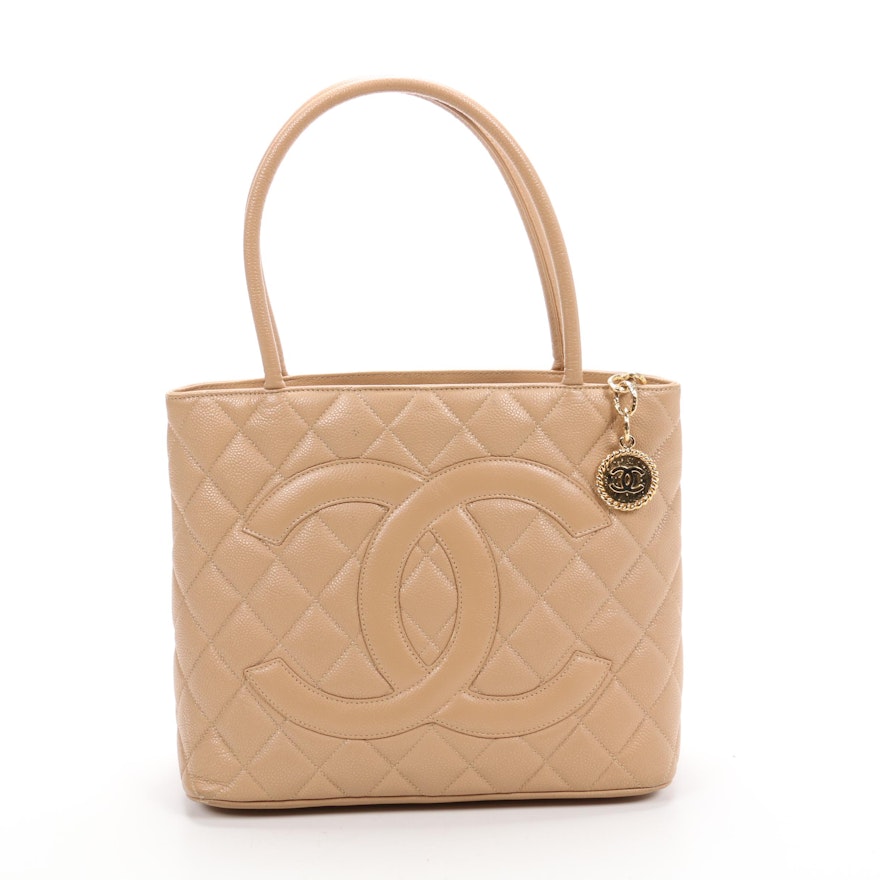 Chanel CC Medallion Tote Bag in Quilted Light Tan Caviar Leather