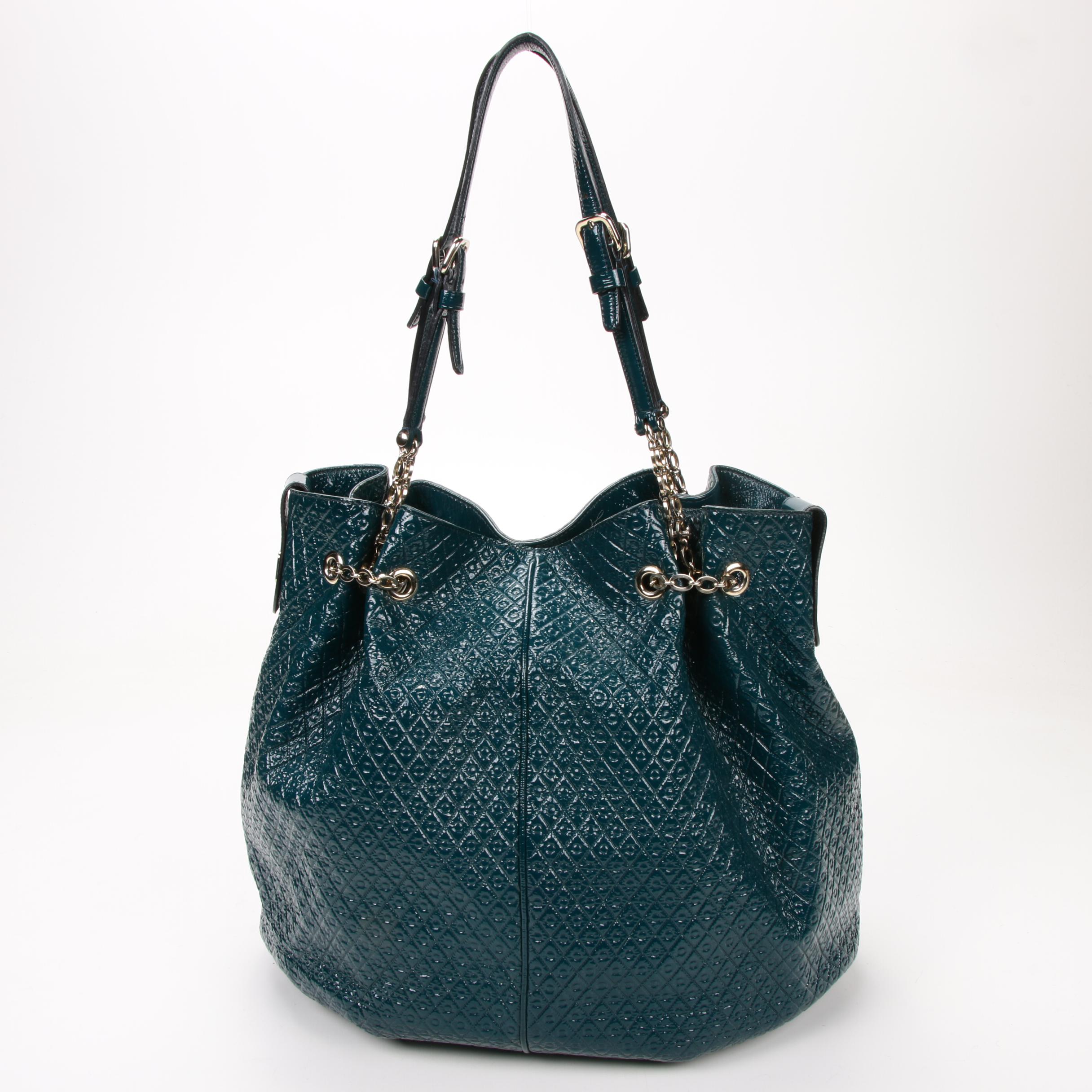 Tod's Teal Embossed Patent Leather Signature Drawstring Tote Shoulder Bag