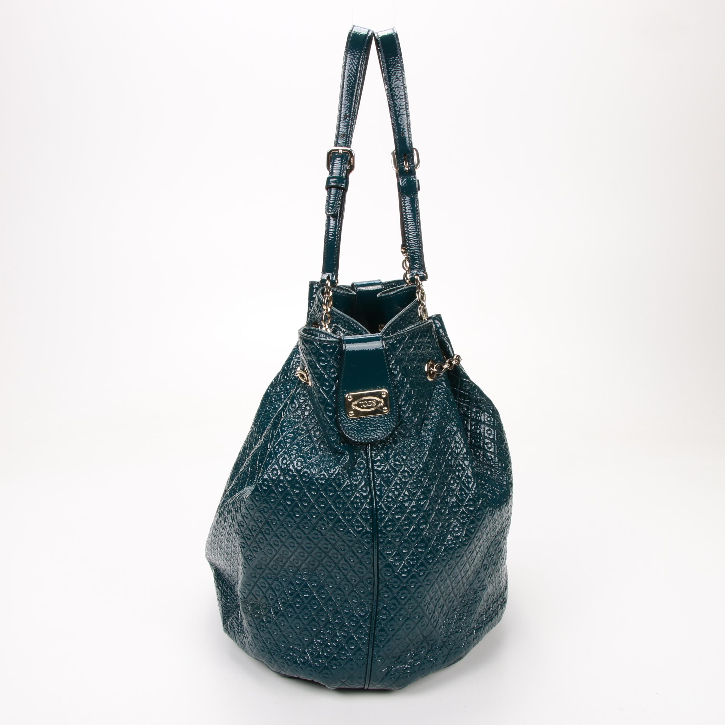 Tod's Teal Embossed Patent Leather Signature Drawstring Tote Shoulder Bag