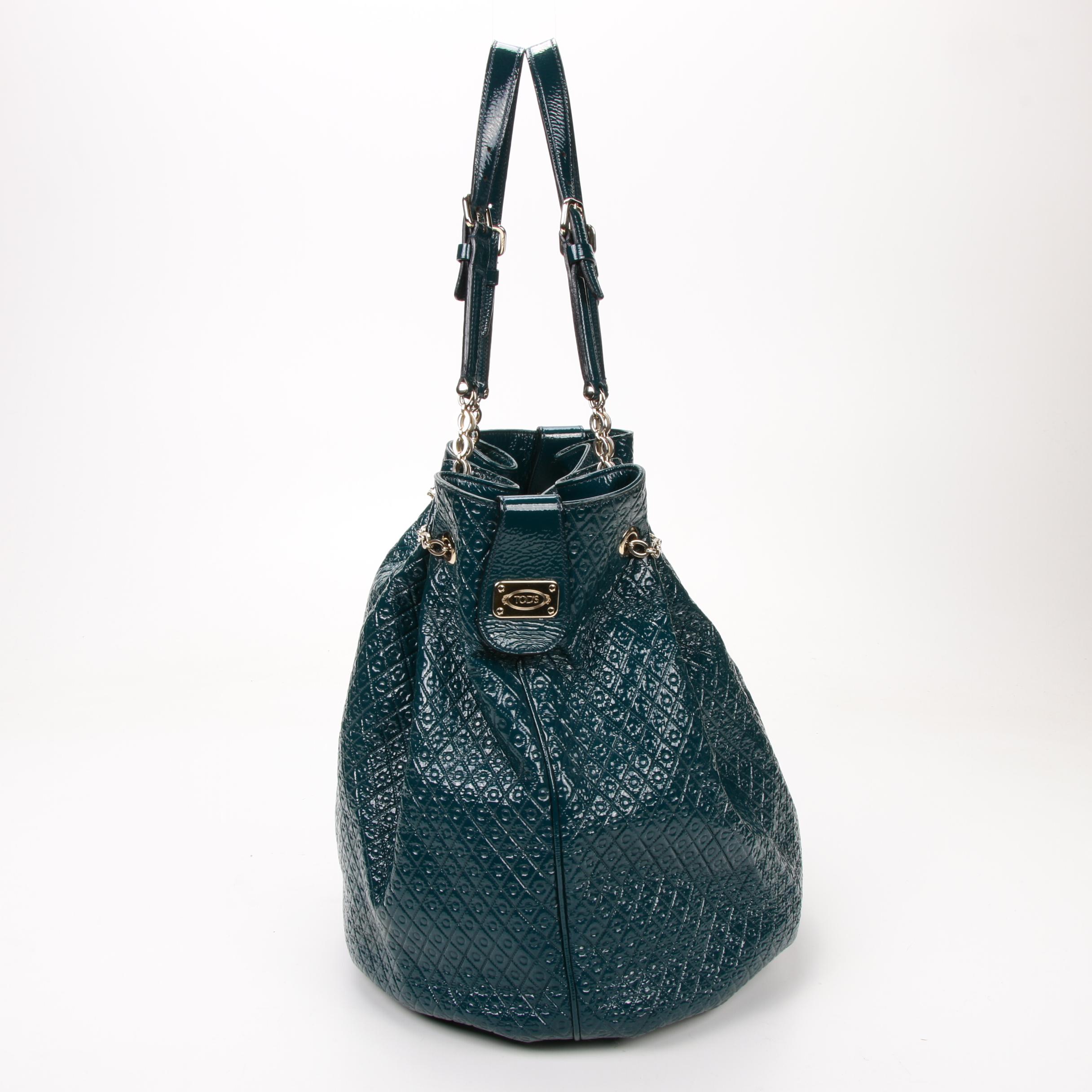 Tod's Teal Embossed Patent Leather Signature Drawstring Tote Shoulder Bag