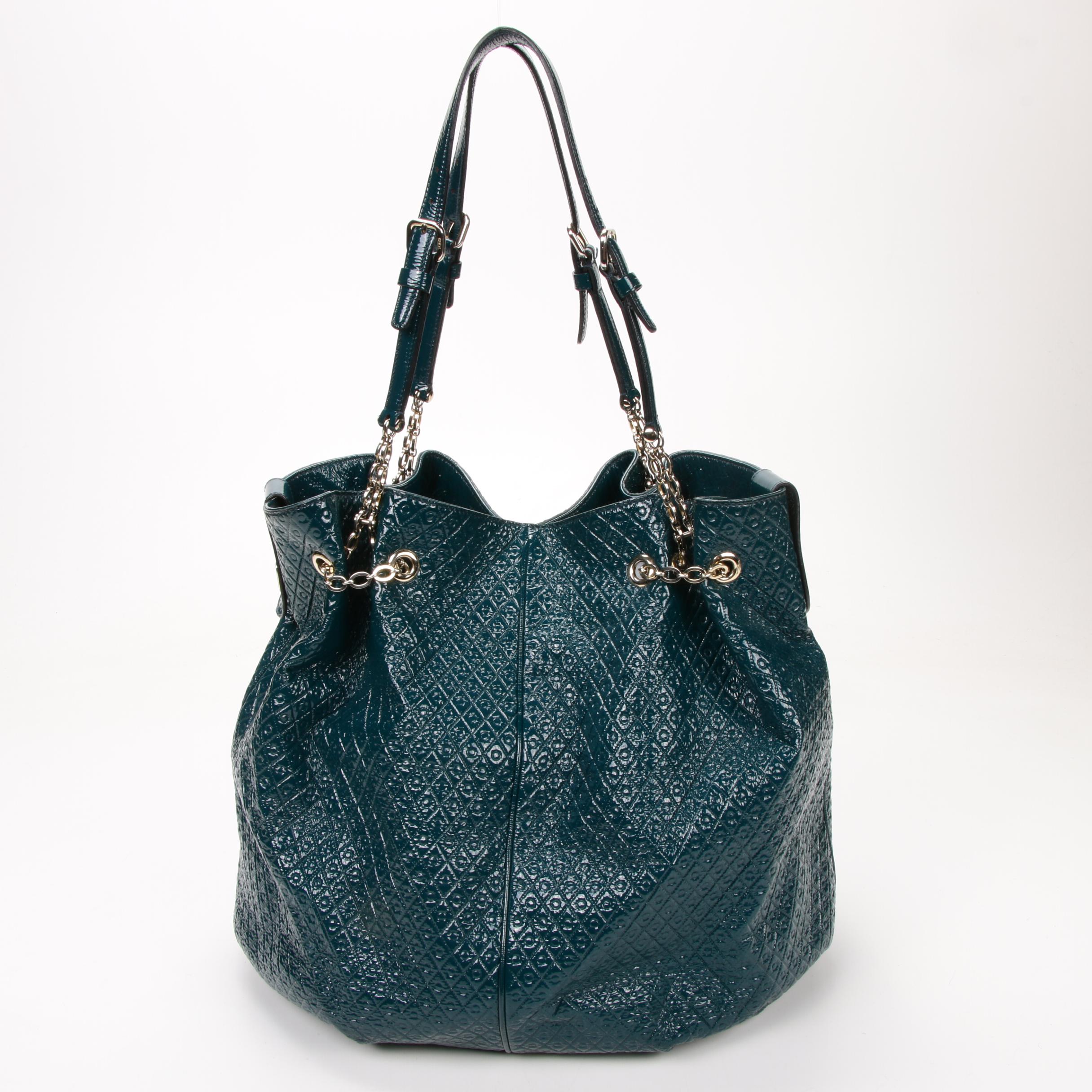 Tod's Teal Embossed Patent Leather Signature Drawstring Tote Shoulder Bag