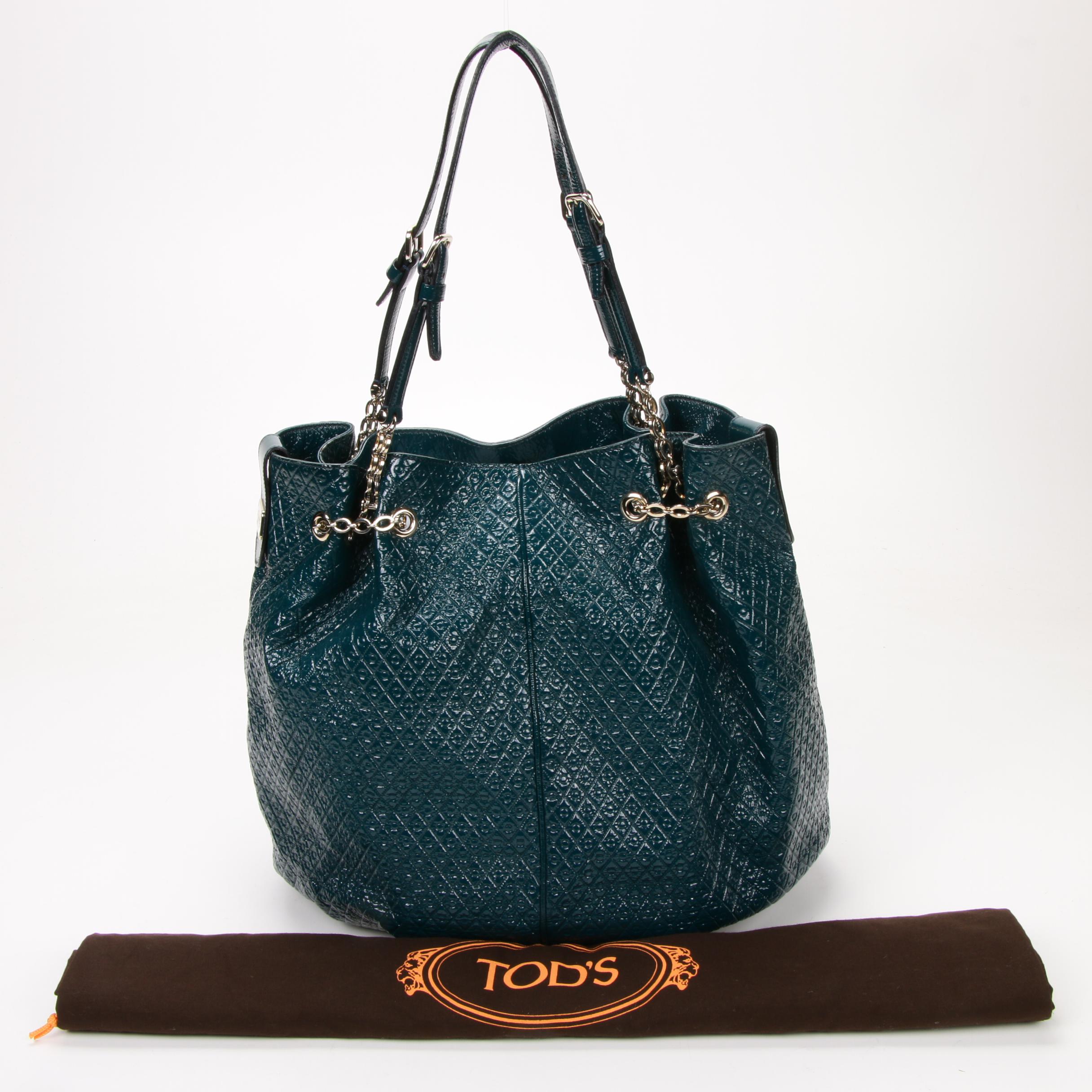 Tod's Teal Embossed Patent Leather Signature Drawstring Tote Shoulder Bag