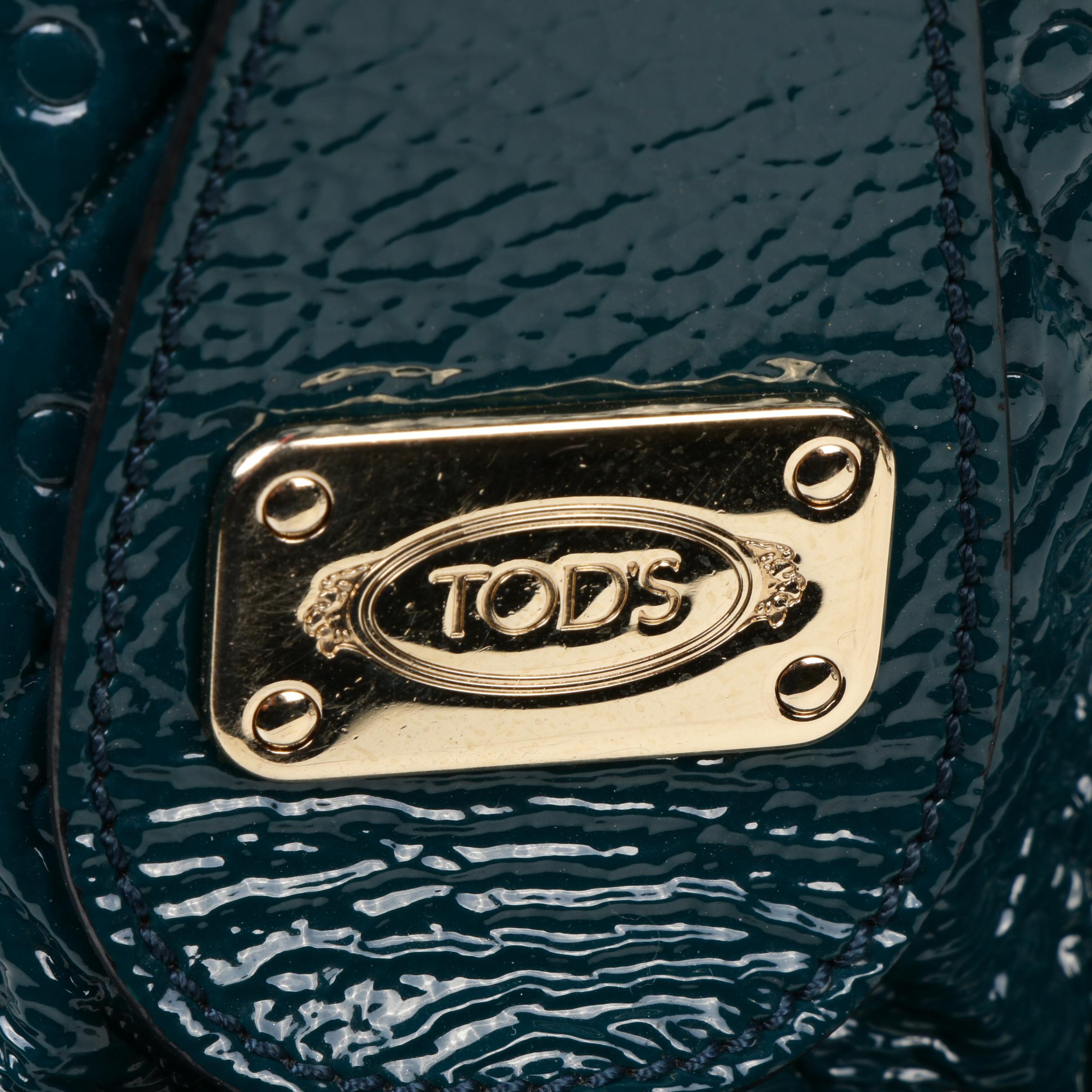 Tod's Teal Embossed Patent Leather Signature Drawstring Tote Shoulder Bag