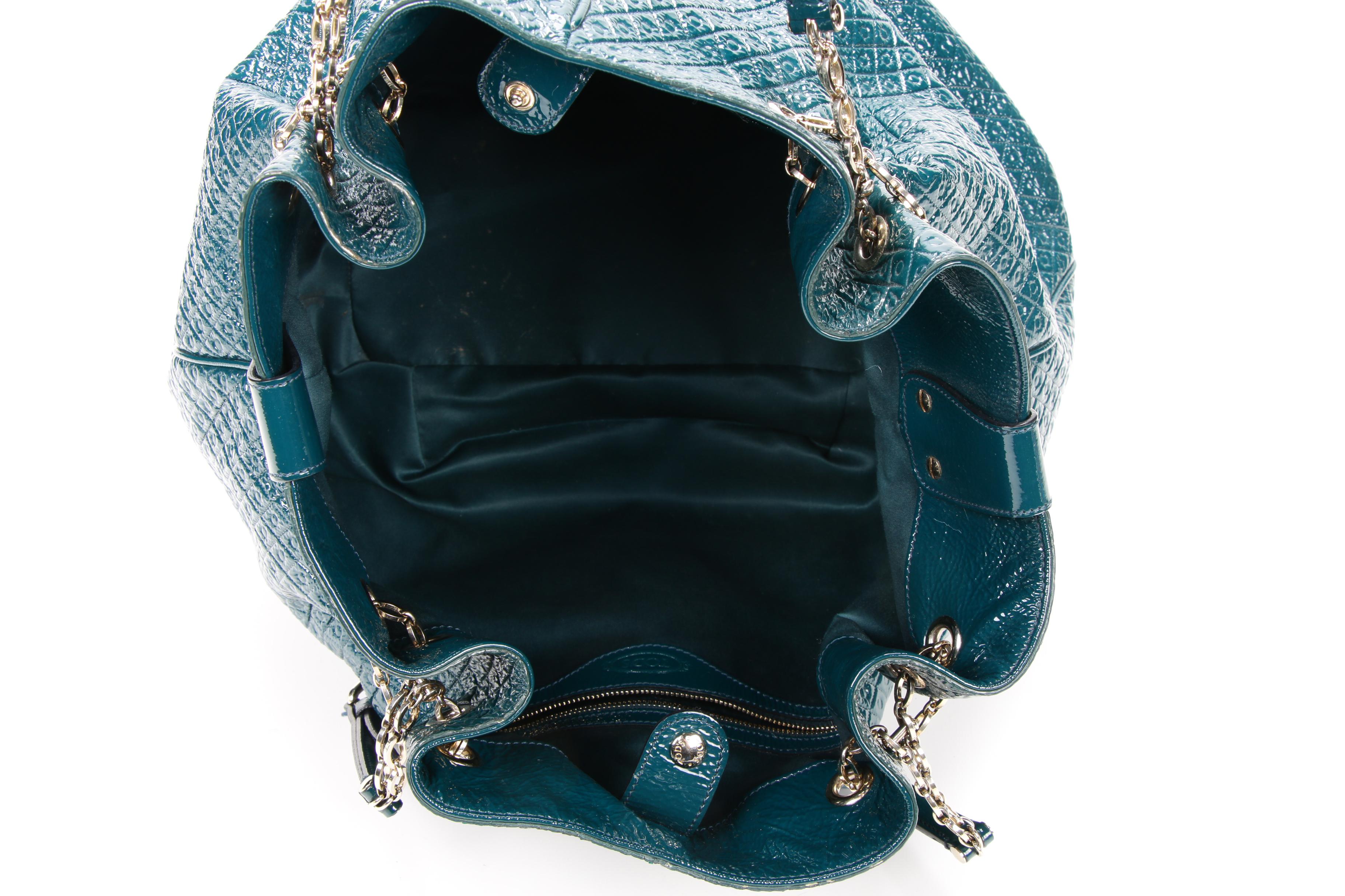 Tod's Teal Embossed Patent Leather Signature Drawstring Tote Shoulder Bag