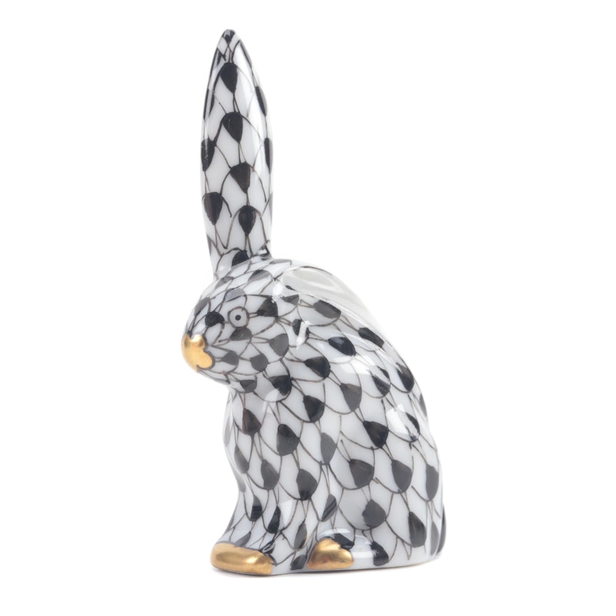 Herend Black Fishnet "Miniature Rabbit with One Ear Up" Porcelain Figurine, 1995