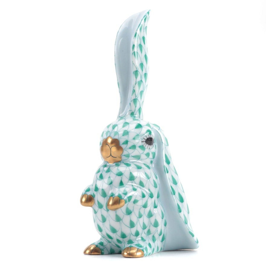 Herend Green Fishnet with Gold "Rabbit One Ear Up" Porcelain Figurine, 1994