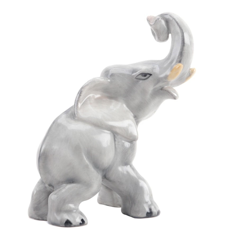 Herend "Trunk Up" Porcelain Natural Elephant Figurine