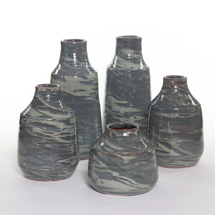 Marble Glazed Blue and Grey Ceramic Graduated Vases, Contemporary