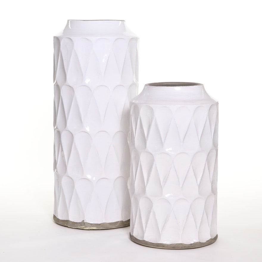 Crate & Barrel White Glazed Ceramic Geometric-Patterned Vases