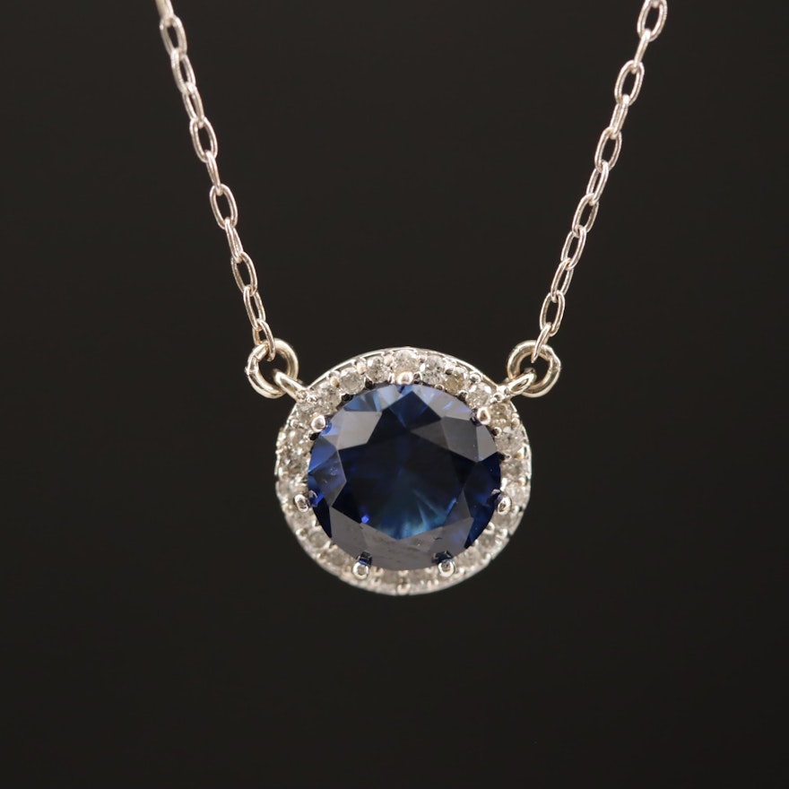 14K Sapphire Pendant Necklace with Diamond Halo