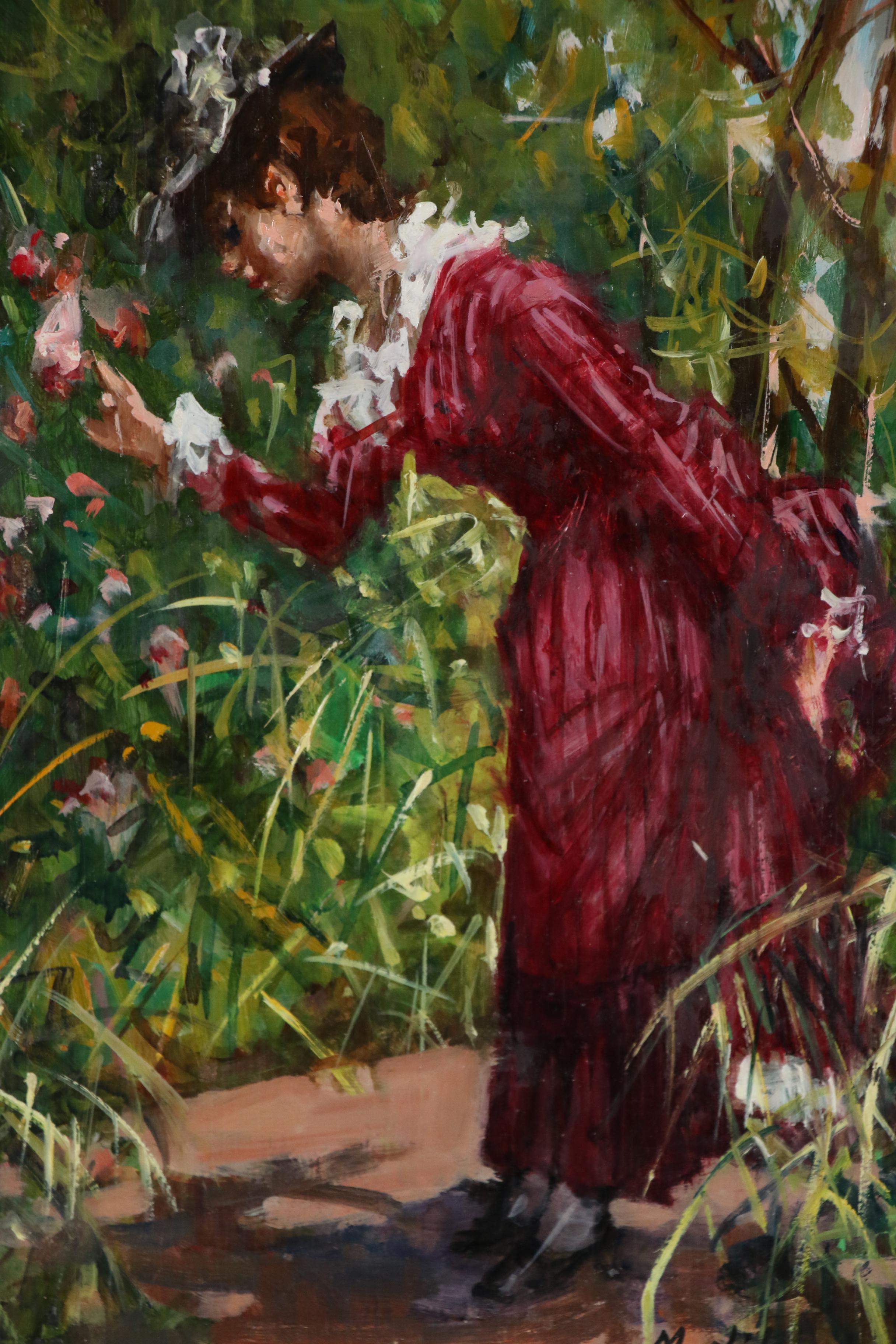 Maria Liberti Oil Painting of Woman in Garden, 21st century