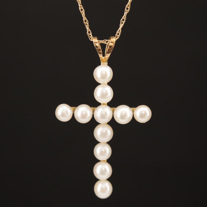 14K Pearl Cross Necklace